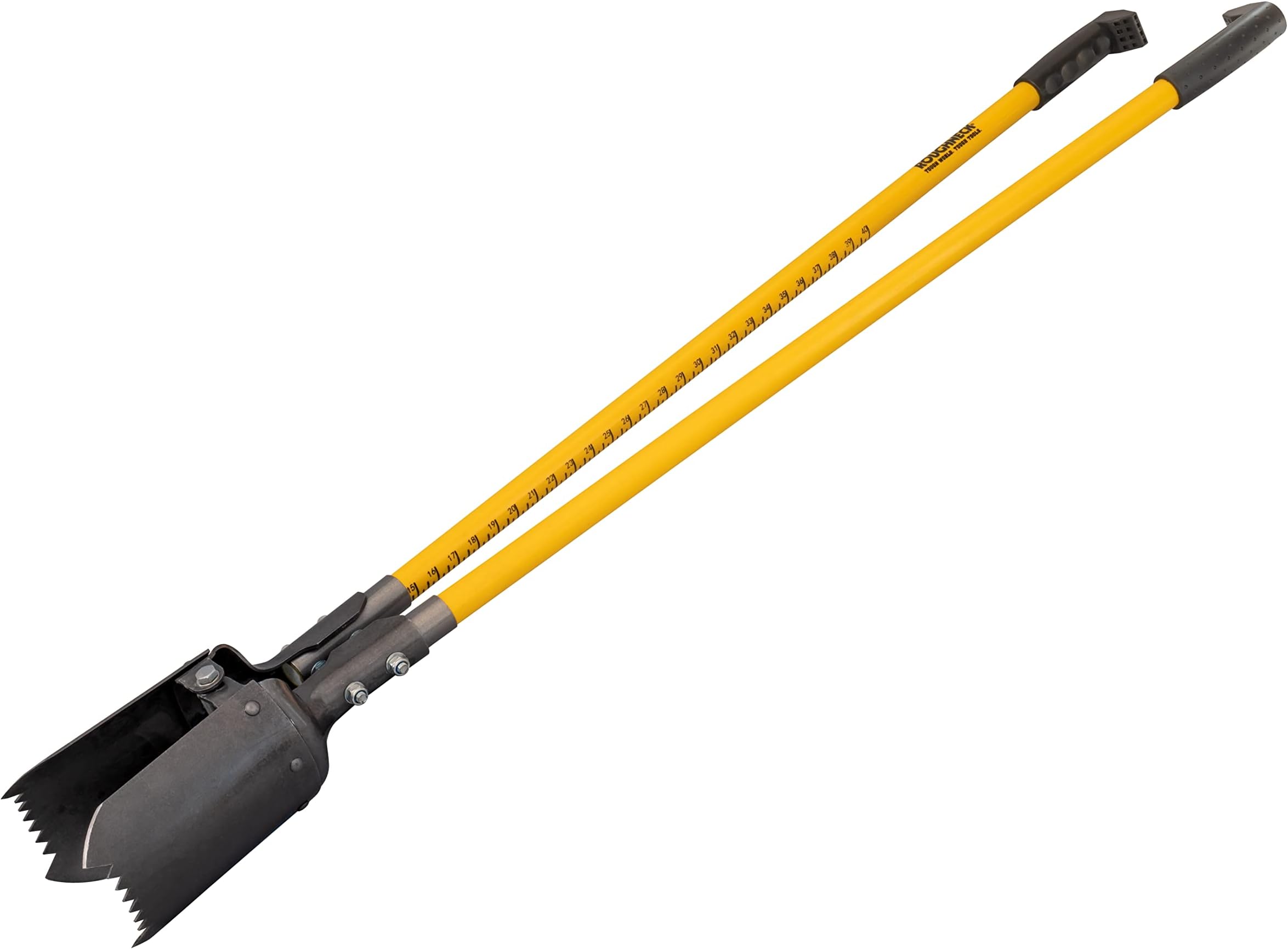 Roughneck Sharp-Edge Post Hole Digger - Solid Fibreglass Handle with Serrated Steel Blades & Depth Gauge for Fencing, Landscaping & Groundwork – 1.46m (57½in)