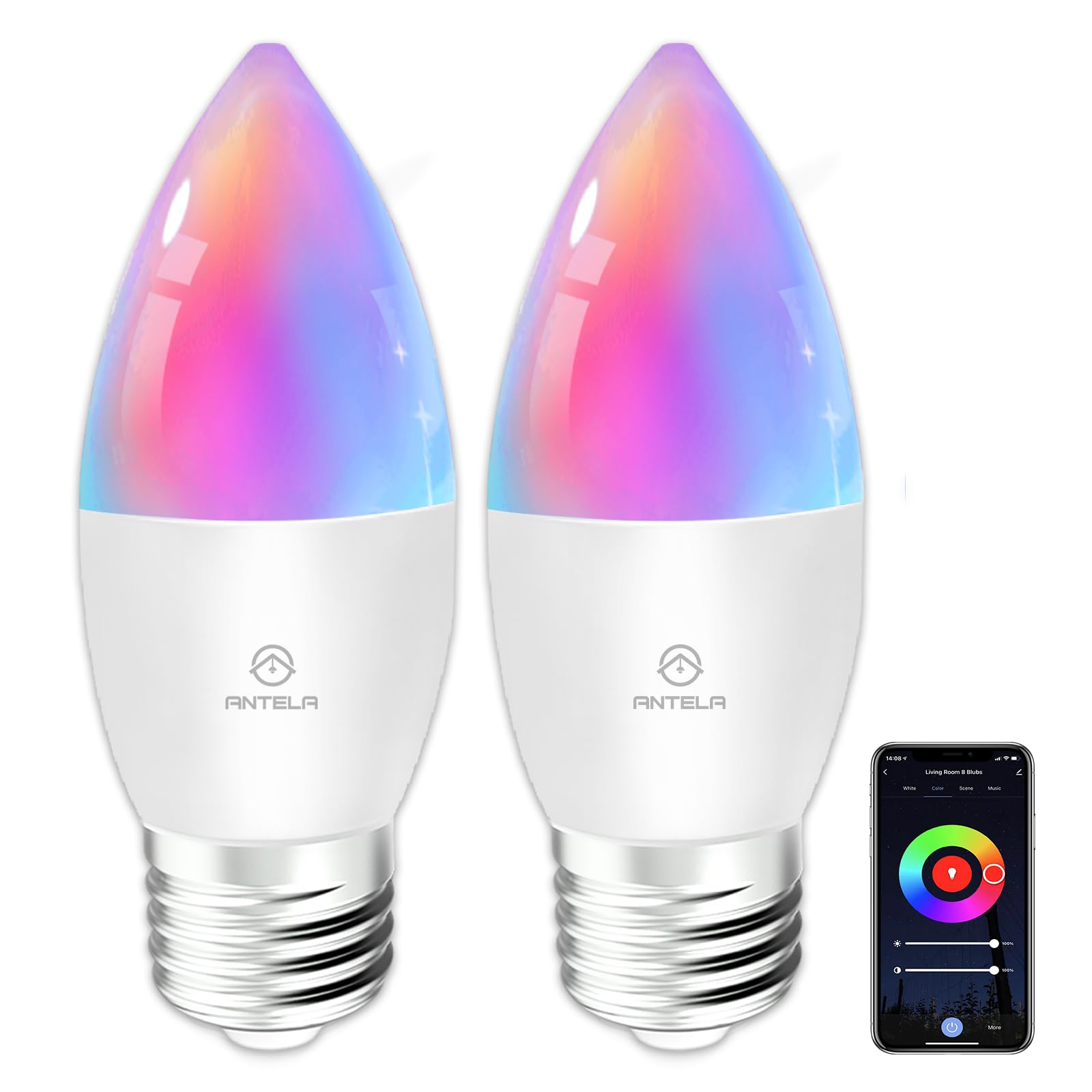 ANTELA 2 Ampoules Connectées WiFi LED E14 Intelligentes - Compatible Alexa Google Home, Dimmable Multicolore
