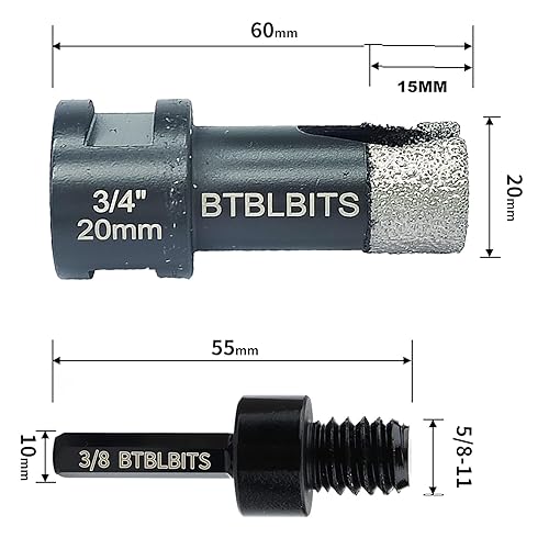 Miniatura 2 de BTBLBITS Broca de núcleo de diamante seco de 34 de pulgada (0.787 in), sierra de taladro de azulejos soldada al vacío con rosca de 58-11 a 38