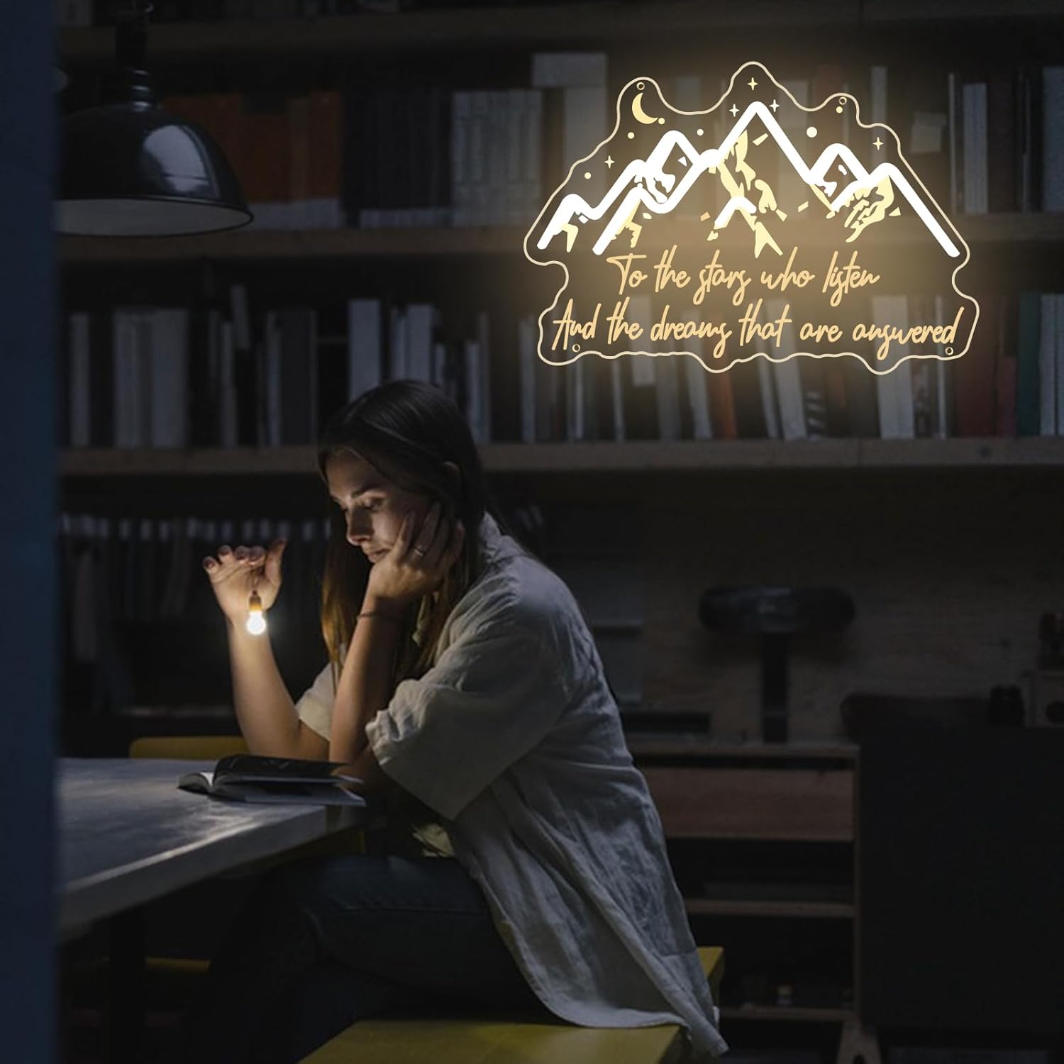 To The Stars Who Listen Neon Sign Mountain and Stars Neon Lights Dimmable SJM Quotes Decoration ACOTAR LED Signs for Fantasy Shelf Decor Book Lover Gift