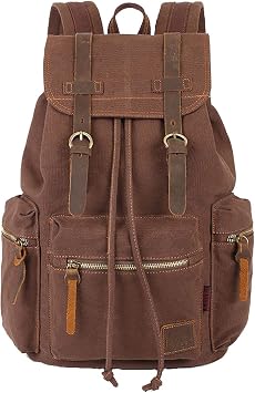 Canvas Vintage Backpack PU Leather Casual Bookbag Men Women Laptop Travel Rucksack Coffee