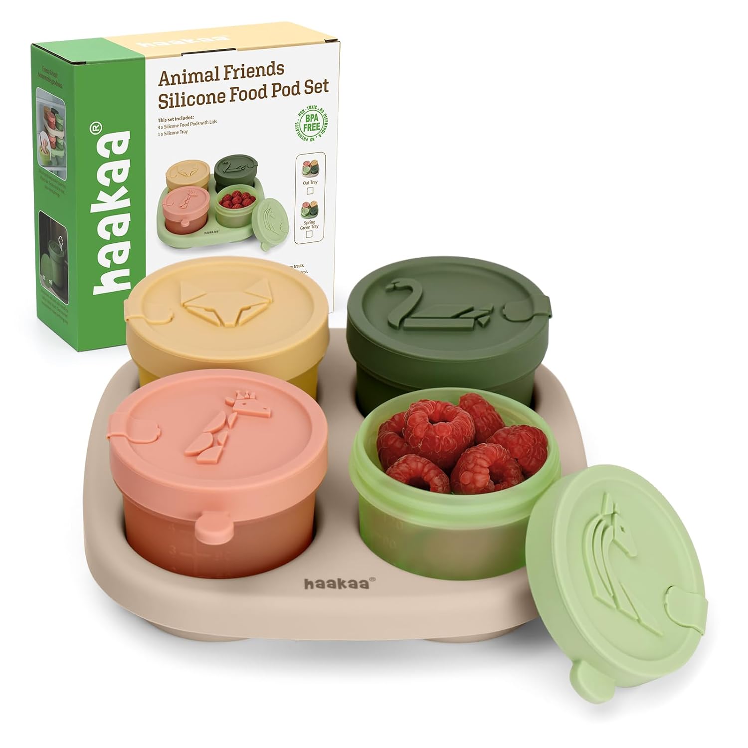 Haakaa Animal Friends Silicone Food Pod Set, 4oz/120ml Baby Food Containers & Jars with Tray, Leakproof Lids, Ice Cream Containers for Homemade Ice Cream,4 Pack,Oat Tray