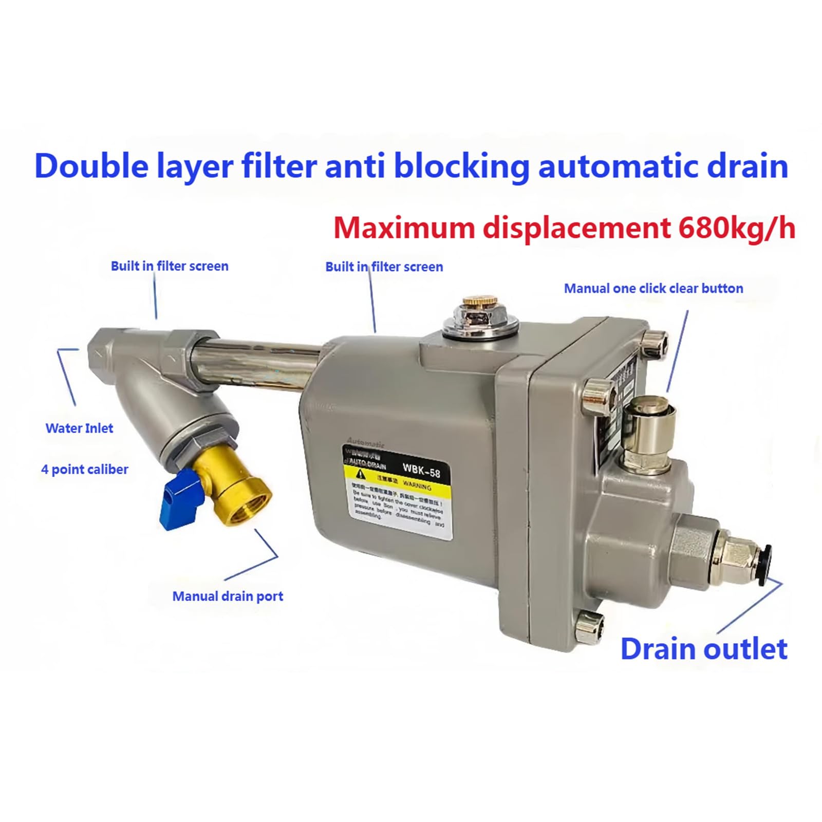 Valvole di scarico dell'acqua del compressore d'aria di dovere 680kgh Capacità Doppio Filtro Design Rilascio Veloce Adatto per Tubi Serbatoi Umidificatore Struttura Aria