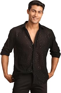 VASTRAMAY Men's Georgette Ethnic Regular Fit Shirt || Embroidered Georgette Stylish Shirt || Ethnic Wear for Festivals, Weddings