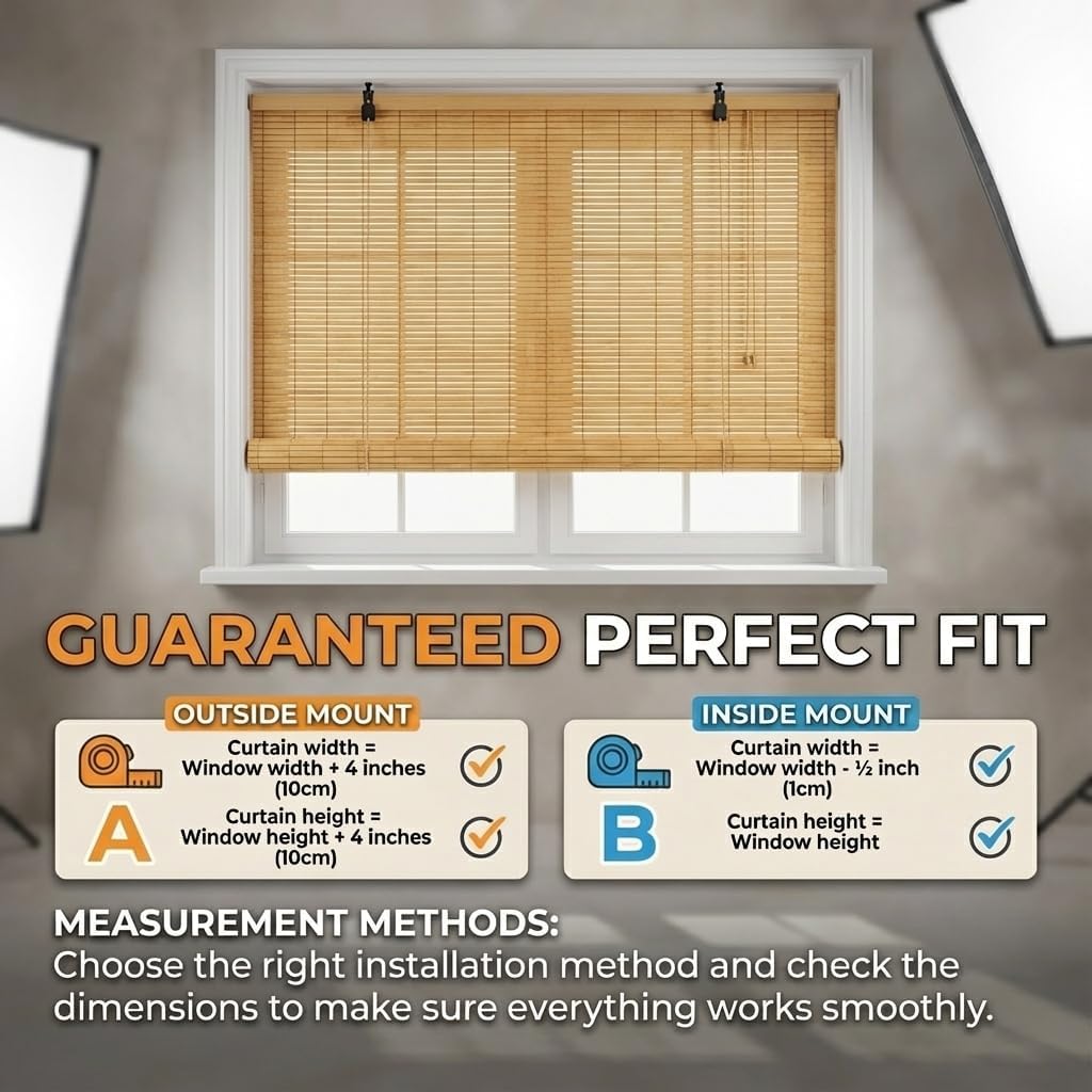 Bamboo Blinds for Interior Windows, Custom Bamboo Shades for Indoor Windows, Light Filtering, Easy to Install, Bambo Roll Up Blinds for Outdoor Patio, Decks, Porch, Backyards