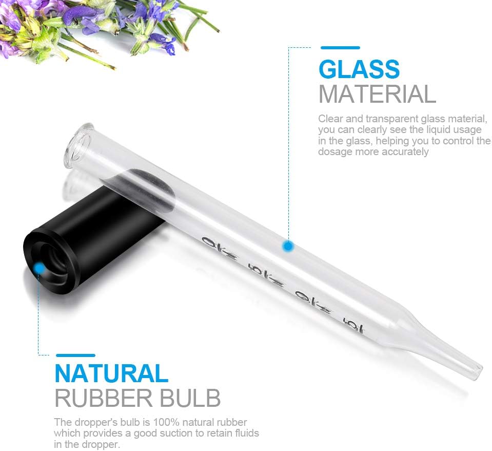 Glass Dropper Medicine 1ml, Teenitor Essential Oils Eye Dropper Pipette Dropper with Black Suction Bulb, Straight-Tip Calibrated Droppers for Medicine Art Liquid Plant Nutrients 20 Pack : Industrial & Scientific
