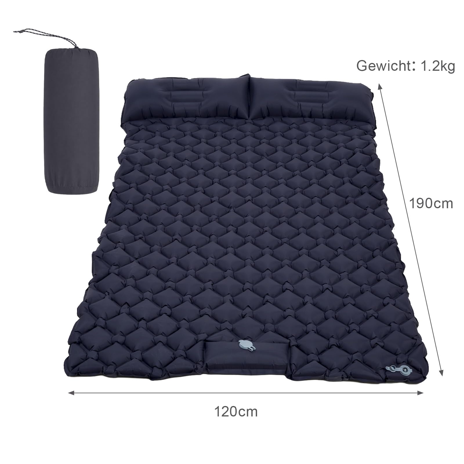 Doppelte selbstaufblasende Campingmatte 190x120cm – Integrierte Kissen & Fuß-/Handpumpe, leicht & wasserdicht, Outdoor Schlafmatte für Camping, Wandern, Picknick & Reisen (Marineblau)