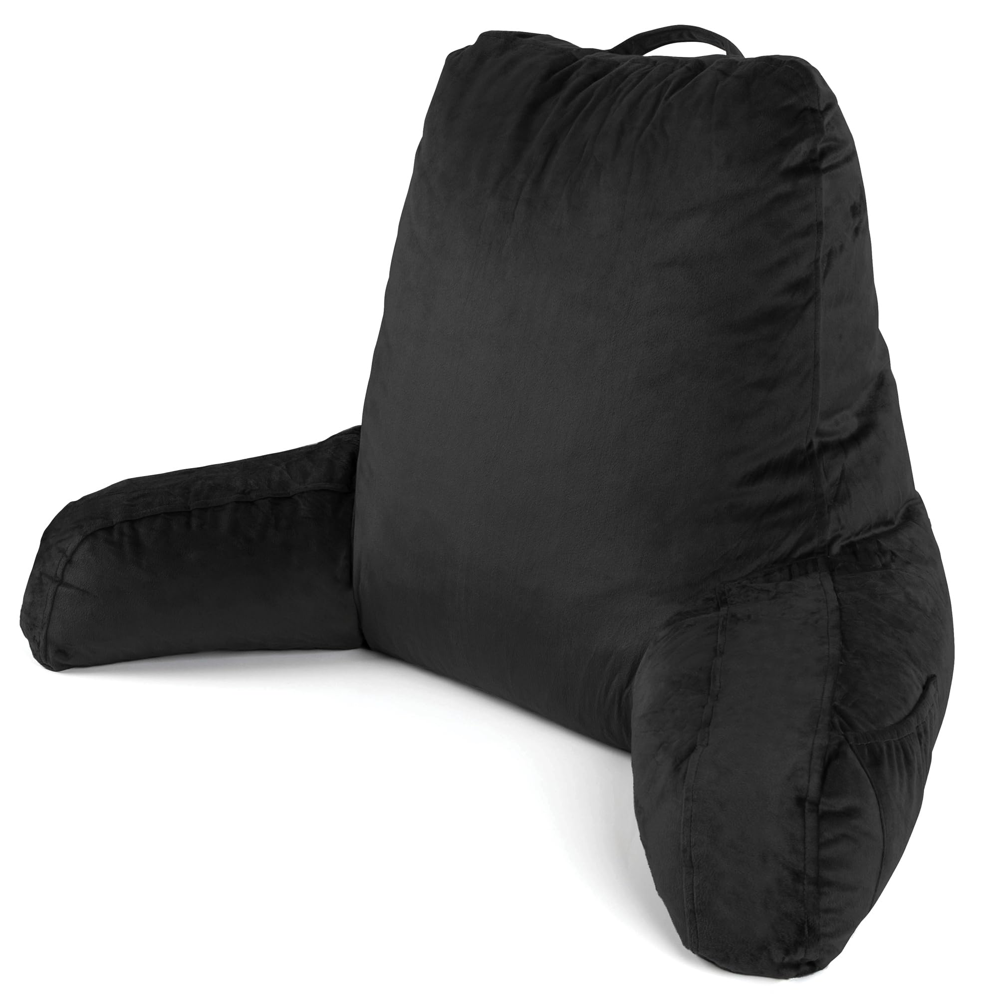 Dreamcatcher Black Reading Pillow, Large Shredded Memory Foam Cuddle Cushion With Backrest With Arms, Ideal For Back Support, Bed, Reading Or Gaming Cushion, 3X Pockets And Washable Velvet Cover