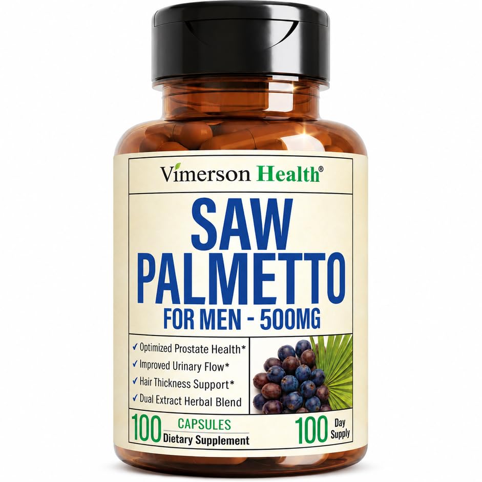 Saw Palmetto for Men, 500mg Capsules, Prostate Health, Urinary Flow & Hair Thickness Support, 45% Extract, 100 Count