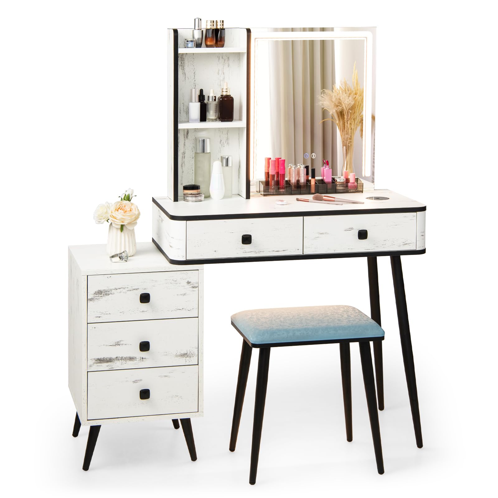 Multigot Dressing Table with Mirror and Stool, Vanity Table with Detachable LED Mirror, Charging Function, 5 Drawers & Storage Shelves, Modern Dressing Desk Set (White, Rectangular Mirror)