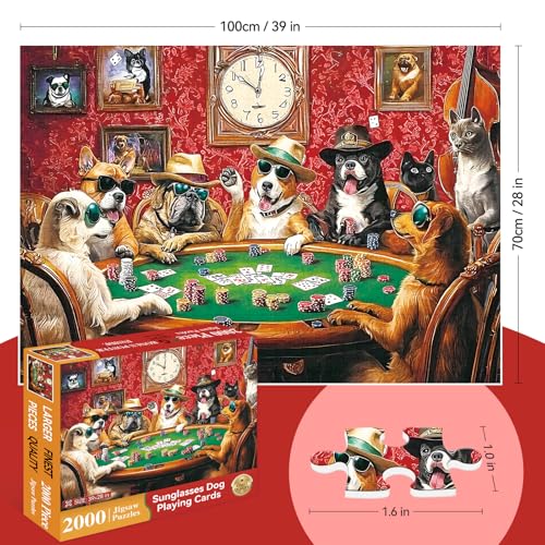 Puzzle para adultos de 2000 piezas – Divertidos perros jugando póker, obra detallada y vibrante, puzzle desafiante para adultos 2000 piezas, 39" x 28" miniatura 2