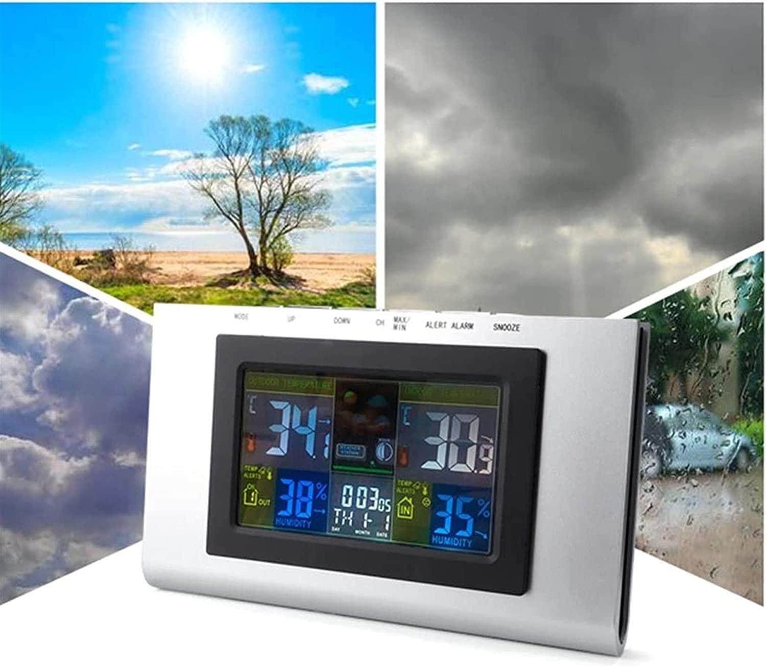 Stacje pogodowe bezprzewodowy wewnętrzny termometr zewnętrzny cyfrowy higrometr z czujnikiem bezprzewodowym, monitorem temperatury i wilgotności, ikona prognozy pogody, godzina i data