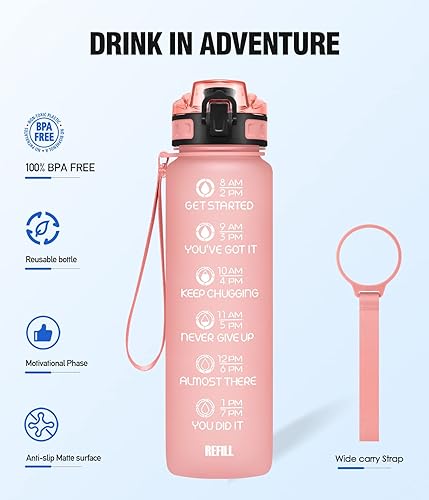 Miniatura 6 de Botella de agua motivacional de 32 oz24 onzas con marcador de tiempo, botellas de agua actualizadas sin BPA a prueba de fugas, las opciones incluyen