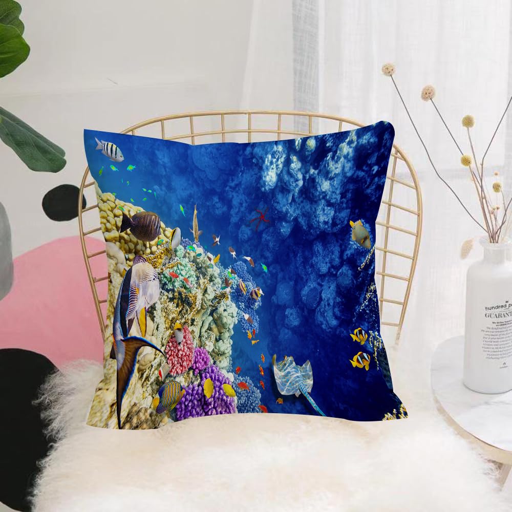 HYOSXW Cushion Cover,Throw Pillow Case Home Decorative for Living Room Bedroom Sofa Chair 16X16 Inch,Ocean, Aquatic World Wild Wild Corals Exotic Fish,Pillowcase 40X40cm