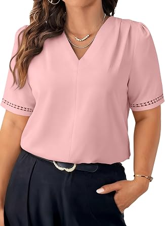 Eytino Plus Size Tops for Women Dressy Casual Pleated V Neck Short Sleeve Business Work Office Blouses Shirts1X-5X