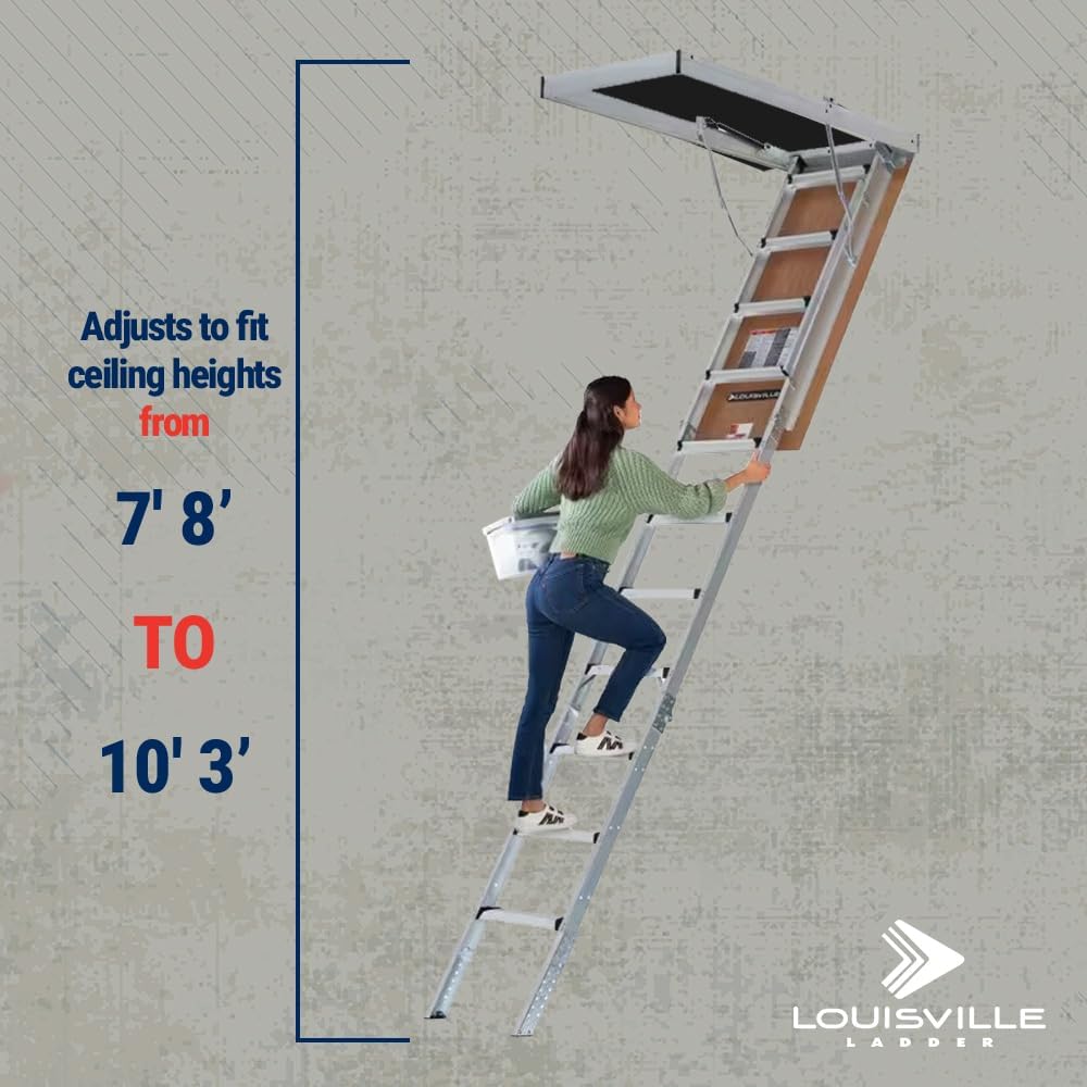 Louisville Ladder 7.8-10.3-Foot Fire Rated Door Aluminium Attic Ladder 22.5" x 54" (Rough Opening), 375-Pound Load Capacity, Type IAA, AL2240MG-FT