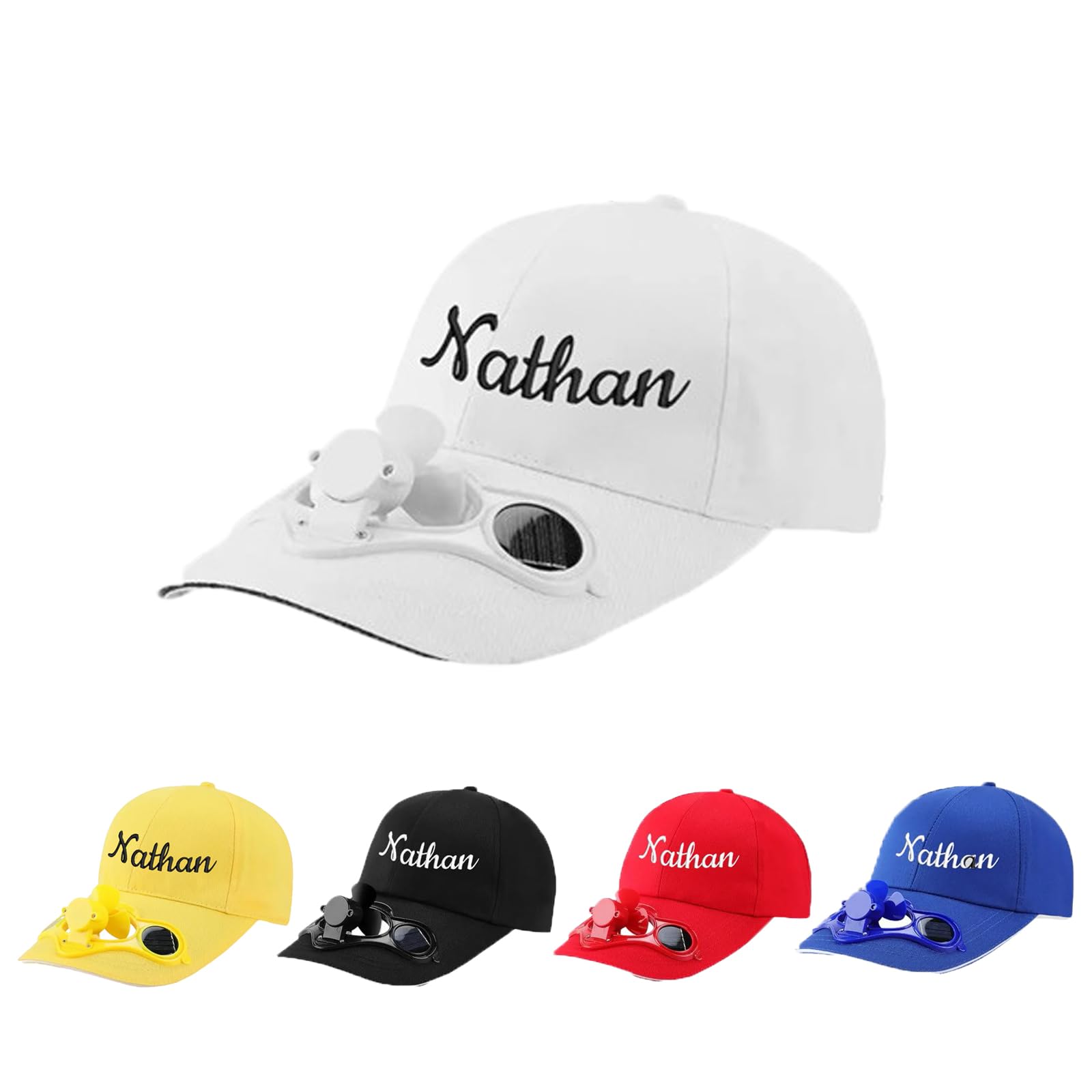Solar-Powered Fan Baseball Cap for Boys Custom Embroidered Text Adjustable Cooling Hat for Outdoor, Men's Sun Hat Hiking Running