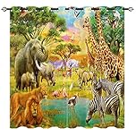YUANZU Africa Animal Curtains, Rhino Flamingo Lion Zebra Giraffe Family 3D Patterns Microfiber Blackout Fabric Eyelet Window Drapes for Kids Bedroom Set of 2 Panels W117cm (46") x D137cm (54")