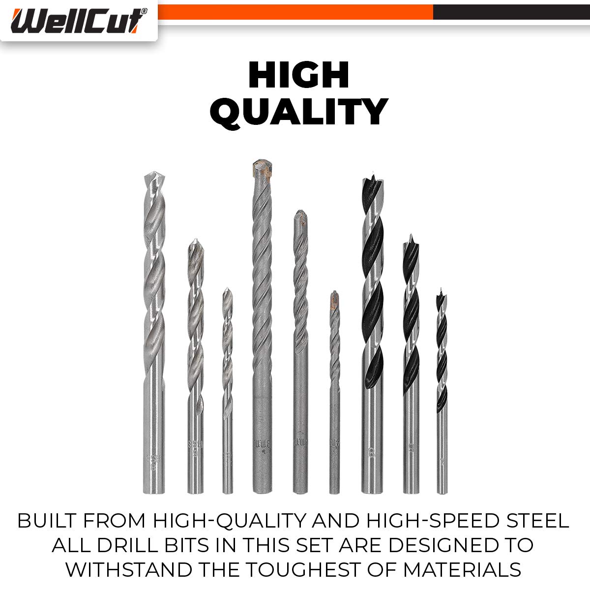 Wellcut - Set di 9 punte da trapano combinate, in valigetta