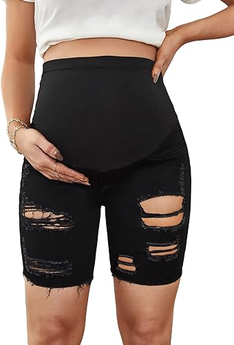 Floerns Pantalones cortos de mezclilla de maternidad para mujer con dobladillo enrollado