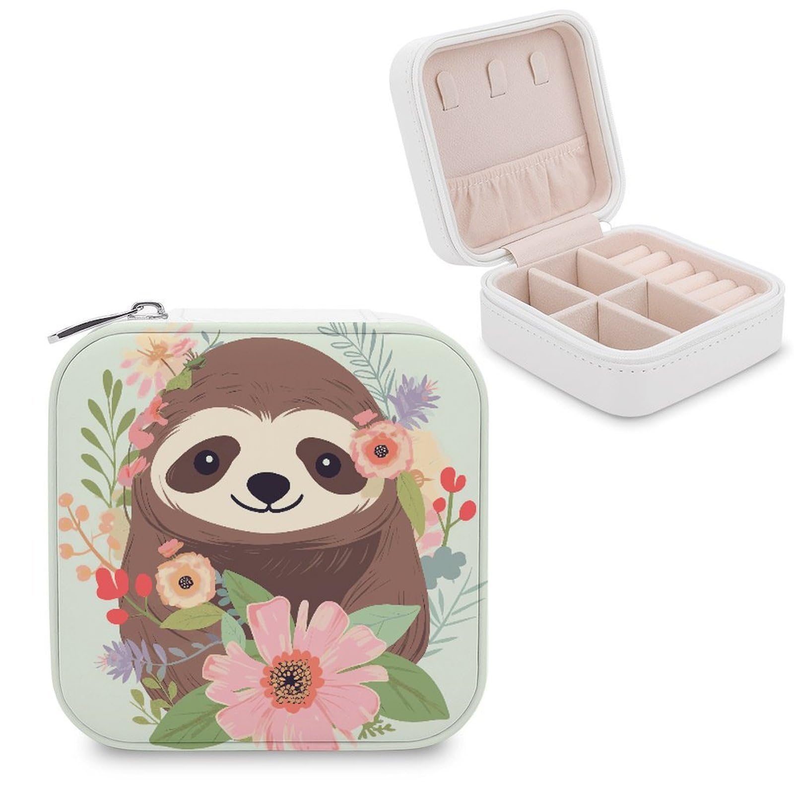 FekiLoot Sloth And Flowers Jewelry Box Exquisite Jewelry Organizer Silver Gold Trinket Storage Case Multi Compartments Cute Earrings Ring Necklace Holder For Woman Household Gift