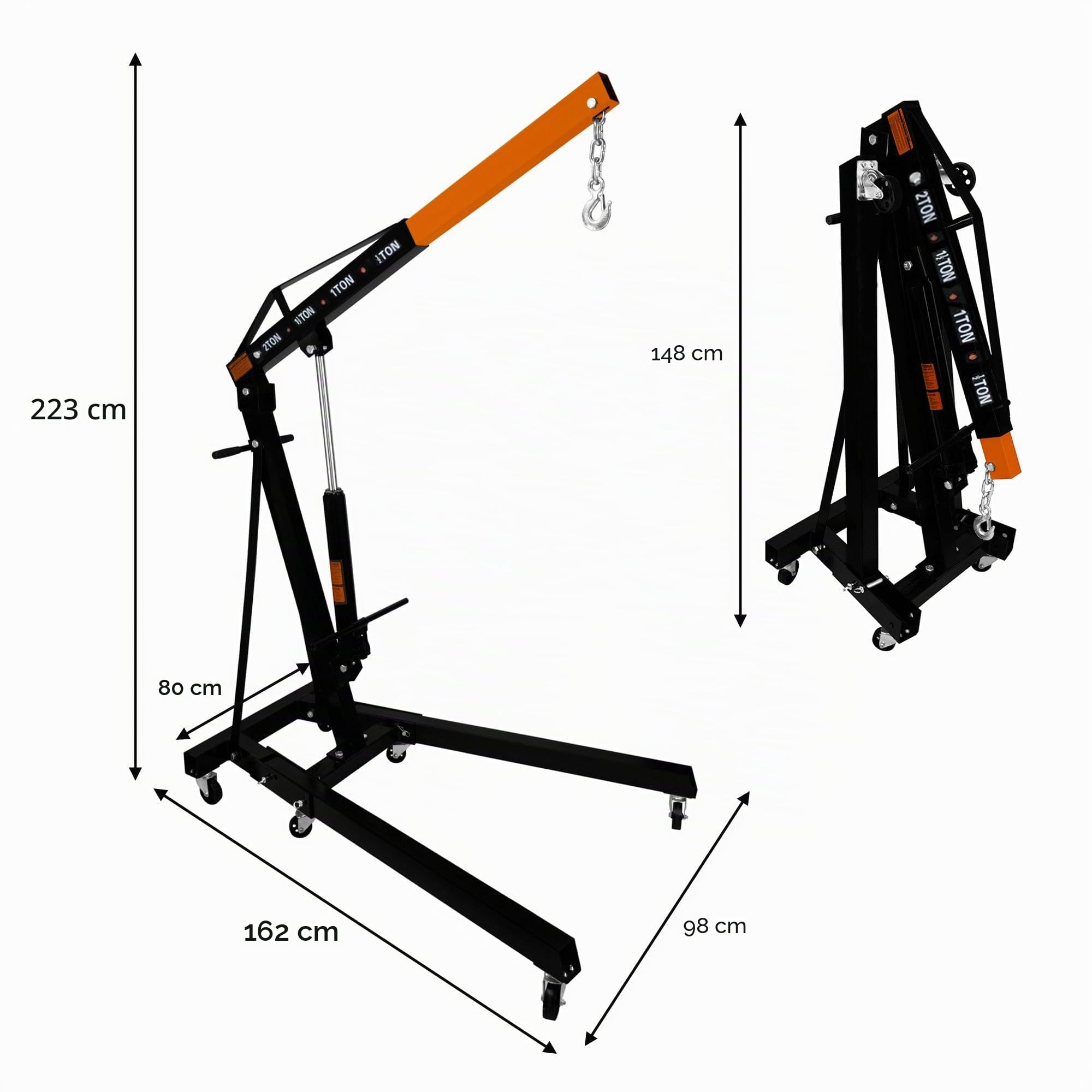 Moteur Grue 2 Tonne Ton 2000kg Hydraulique Manche Pompe Monte-Charge Pieds Pliables Support Cric Poignée 6 Roules Ultra-Résistants Atelier Garage 4 Positions JIB Chaîne Crochet Acier Revêtu En Poudre
