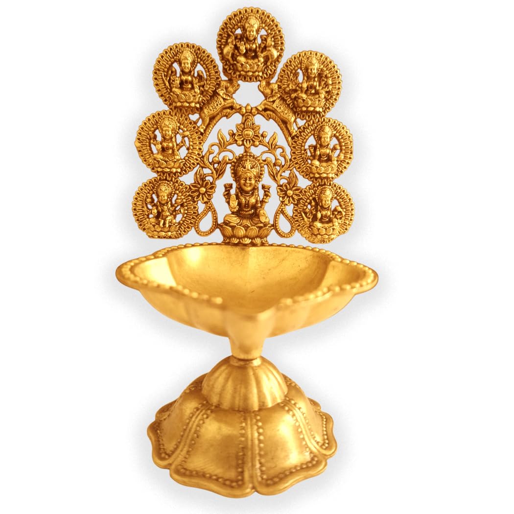Brass Antique Finish Ashtalakshmi Diya / Astalakshmi Vilakku for Pooja Mandir/ Astalakshmi Deepam / Handcrafted Ashta Lakshmi Traditional Oil Lamp with Base Stand 12.5 cm HT- 5 inch-image-1