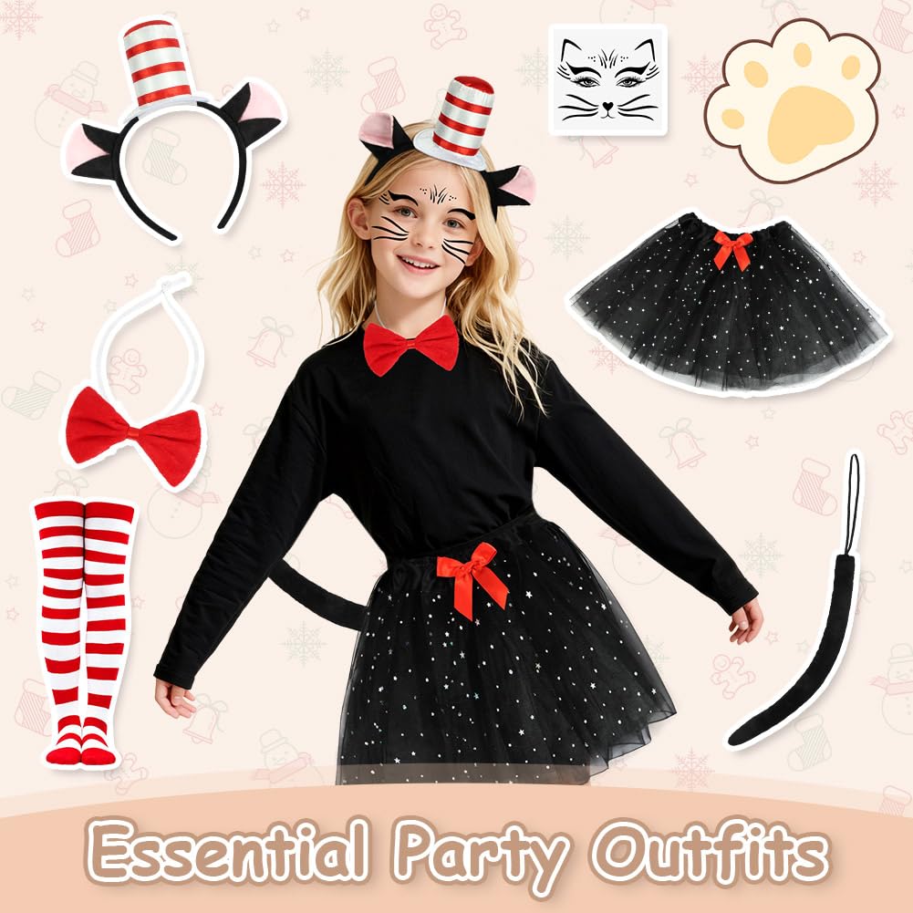 AUYAO Child Halloween Crazy Cat Fancy Dress Costume 6 Pcs Set including Cat Headband Red Bow Tie Black Skirt Red White Striped Socks Tattoo Patch Black Tail World Book Day Cat in the Hat Accessory - Image 3