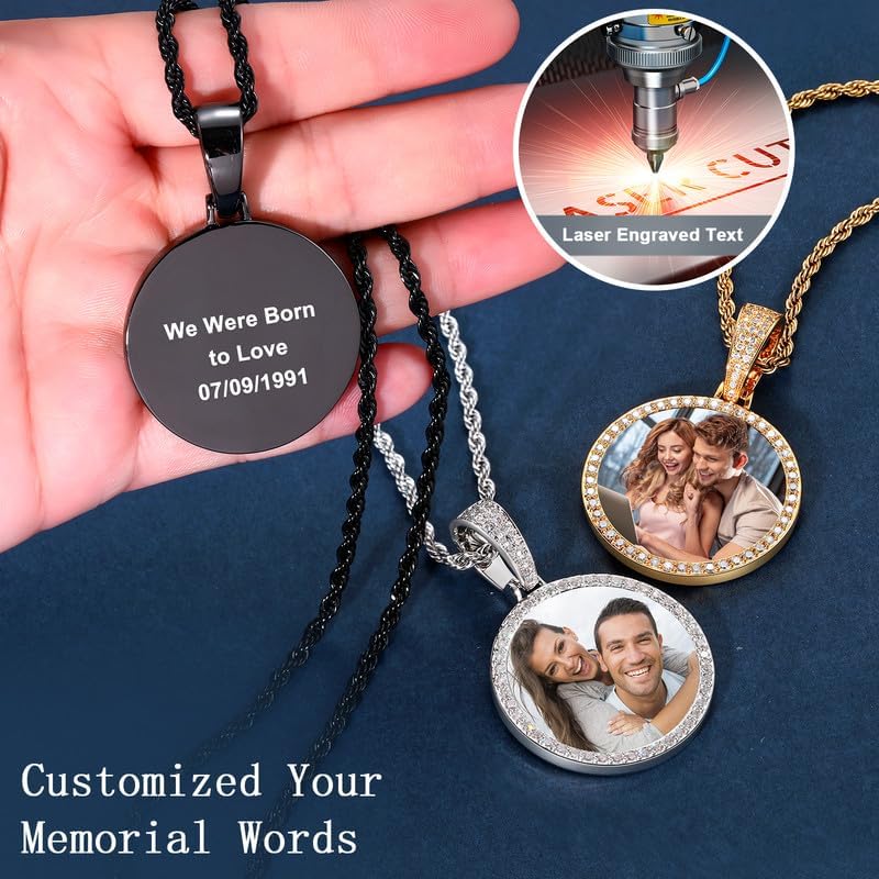 YIMERAIRE 18K Gold Plated Circle Picture Necklace Engraved Dog Tag Text Circle Chain Picture Necklace Personalized Photo Pendant With Rope Chain For Men Women - Image 2