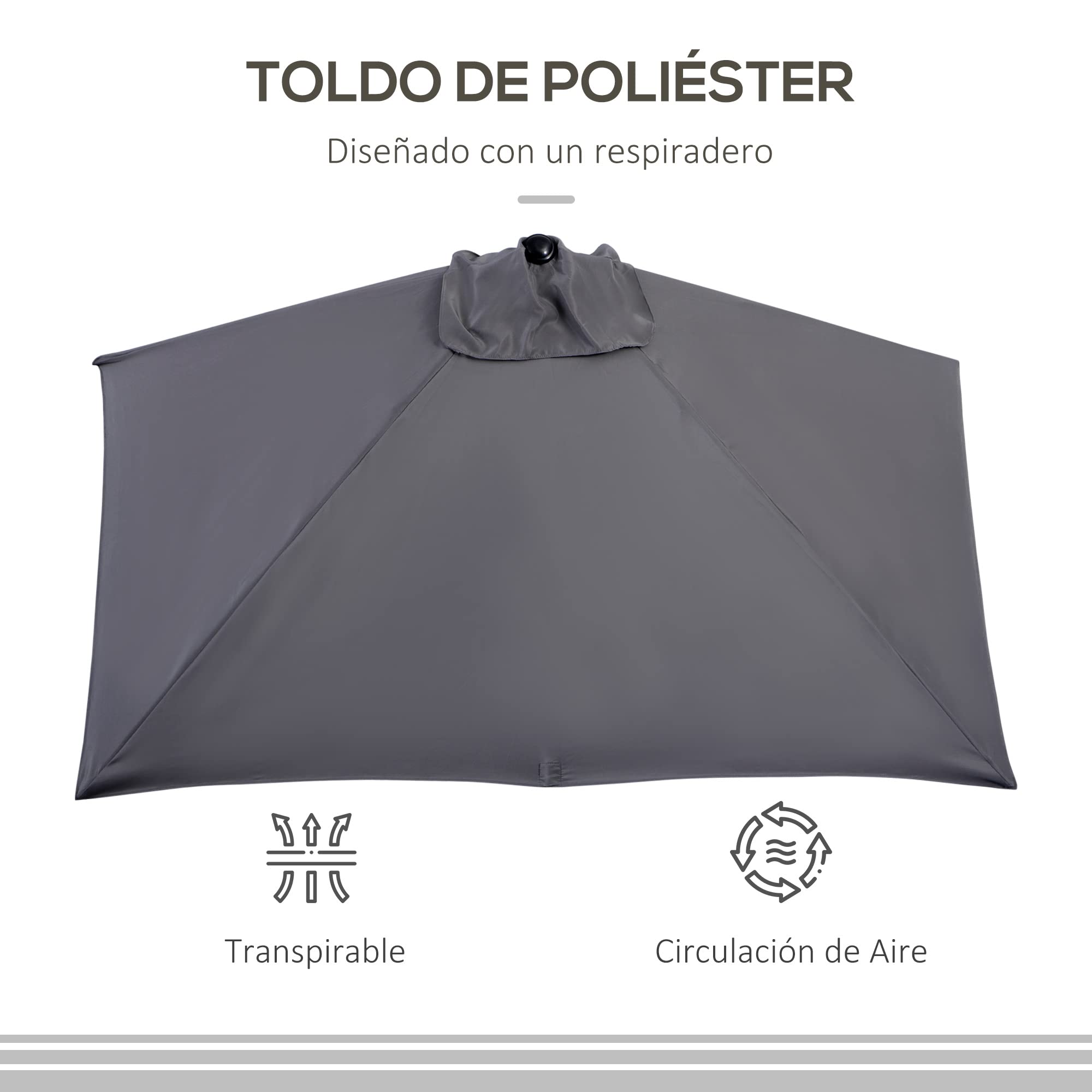 Outsunny Sombrilla Rectangular 230x130x245 cm Parasol para Pared con Manivela Protección UV 30+ Impermeable Sombrilla para Balcón Terraza Jardín Gris
