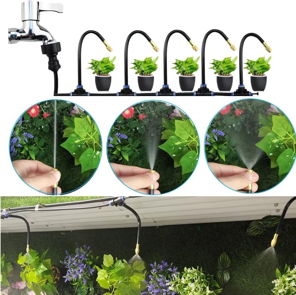 Boquilla de nebulización de latón con manguera integrada, boquilla de nebulización de agua ajustable y giratoria de 360°, rociador roscado para refrigeración de patios y exteriores. Boquilla atomiza