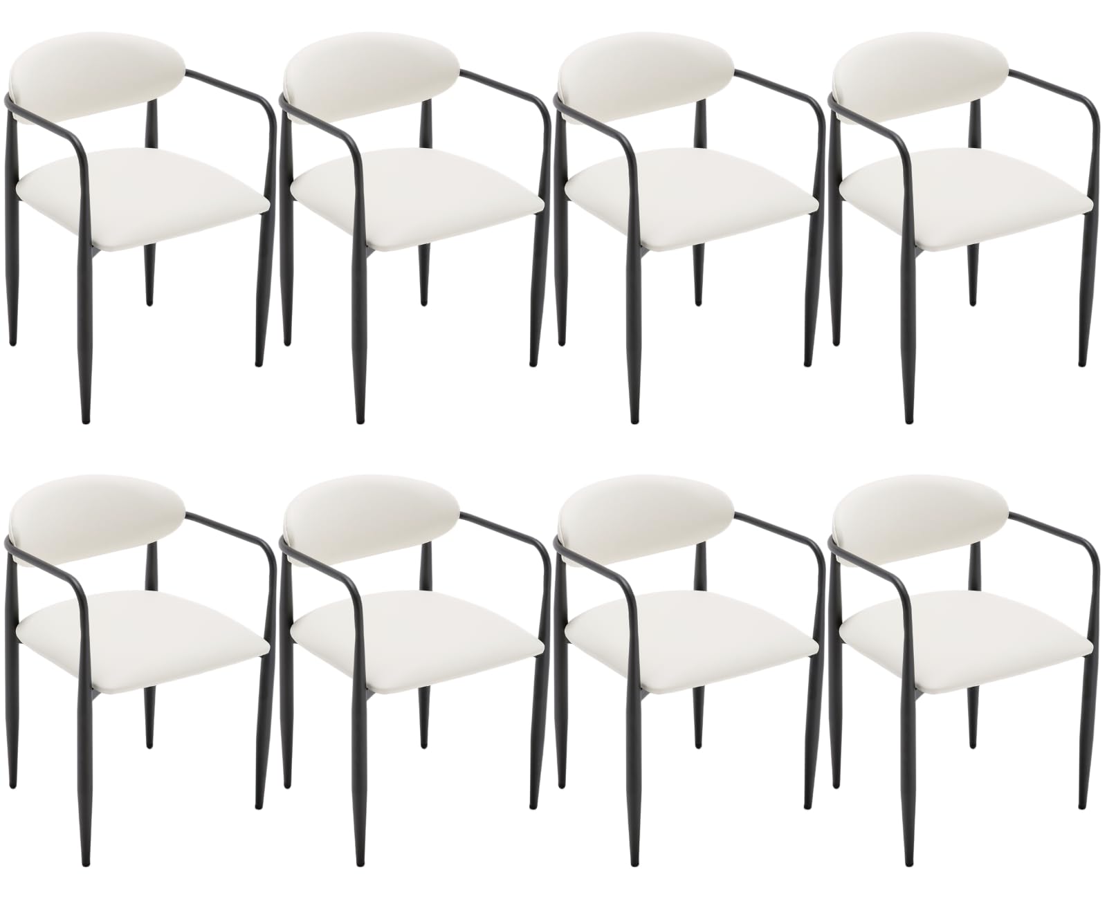 CIMOTA Modern Leather Dining Chairs Set of 8, White Upholstered Open Back Kitchen Side Chairs Barrel Accent Arm Chair with Black Metal Frame for Dining Room/Living Room/Bedroom, Cream
