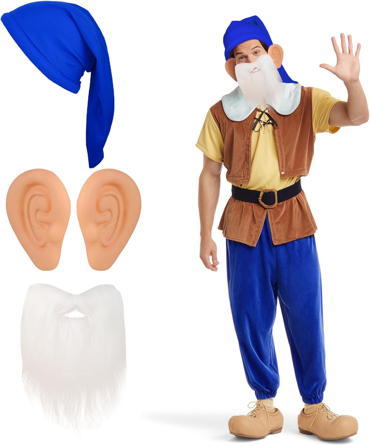 Geyoga 21 Pcs Dwarf Costume Hats with Fake Beard, Fake Ears for Halloween Christmas Fairy Dwarf Gnome Costume Accessory for Adults