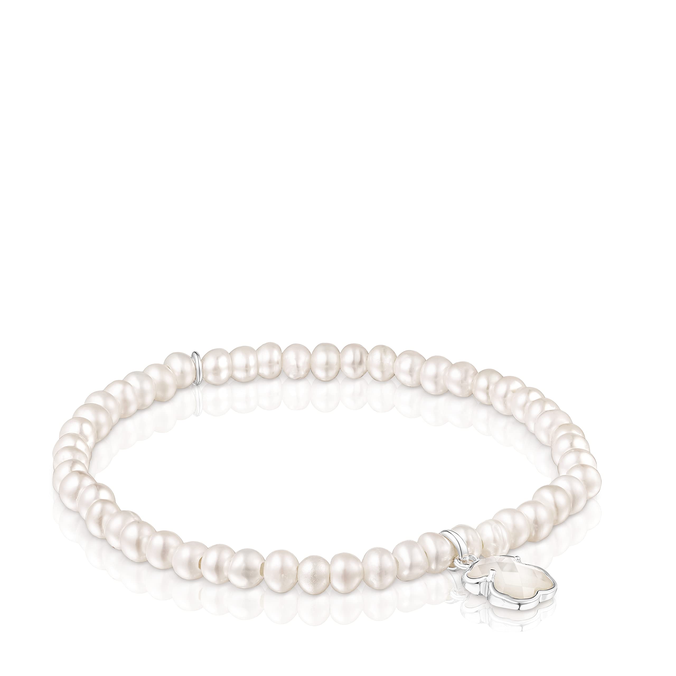 TOUS Pulsera Elástica de Perlas de Nacar para Mujer con Motivo de Oso en Plata de Primera Ley 0,9 cm, Clásica y Pura, Colección Icon Color
