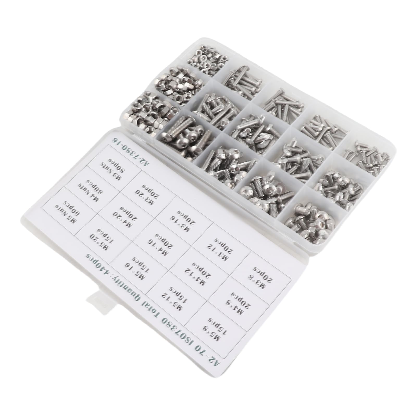 440-teiliges Muttern-Bolzen-Schrauben-Set aus Edelstahl, Sortiment M3, M4, M5, tragbares Hardware-Set für Maschinen, Möbel, Autoreparatur, langlebig, 304 Edelstahl, verschiedene