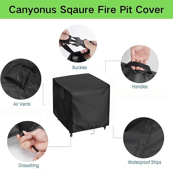 Fire Pit Cover 84 x 84 x 61 cm, Waterproof Windproof Square Fire Pit Cover with Drawstring, 420D Heavy Duty Firepit Covers for Garden Fireplace, Fire Pit Table, Black - 3