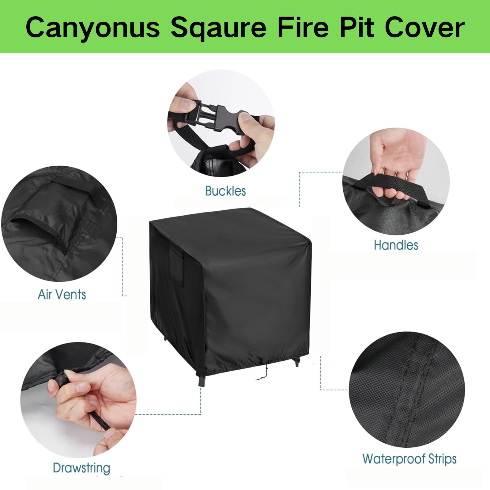 Housse de brasero carrée imperméable et coupe-vent 420D robuste avec cordon de serrage pour jardin, extérieur, 84 x 84 x 61 cm, noir