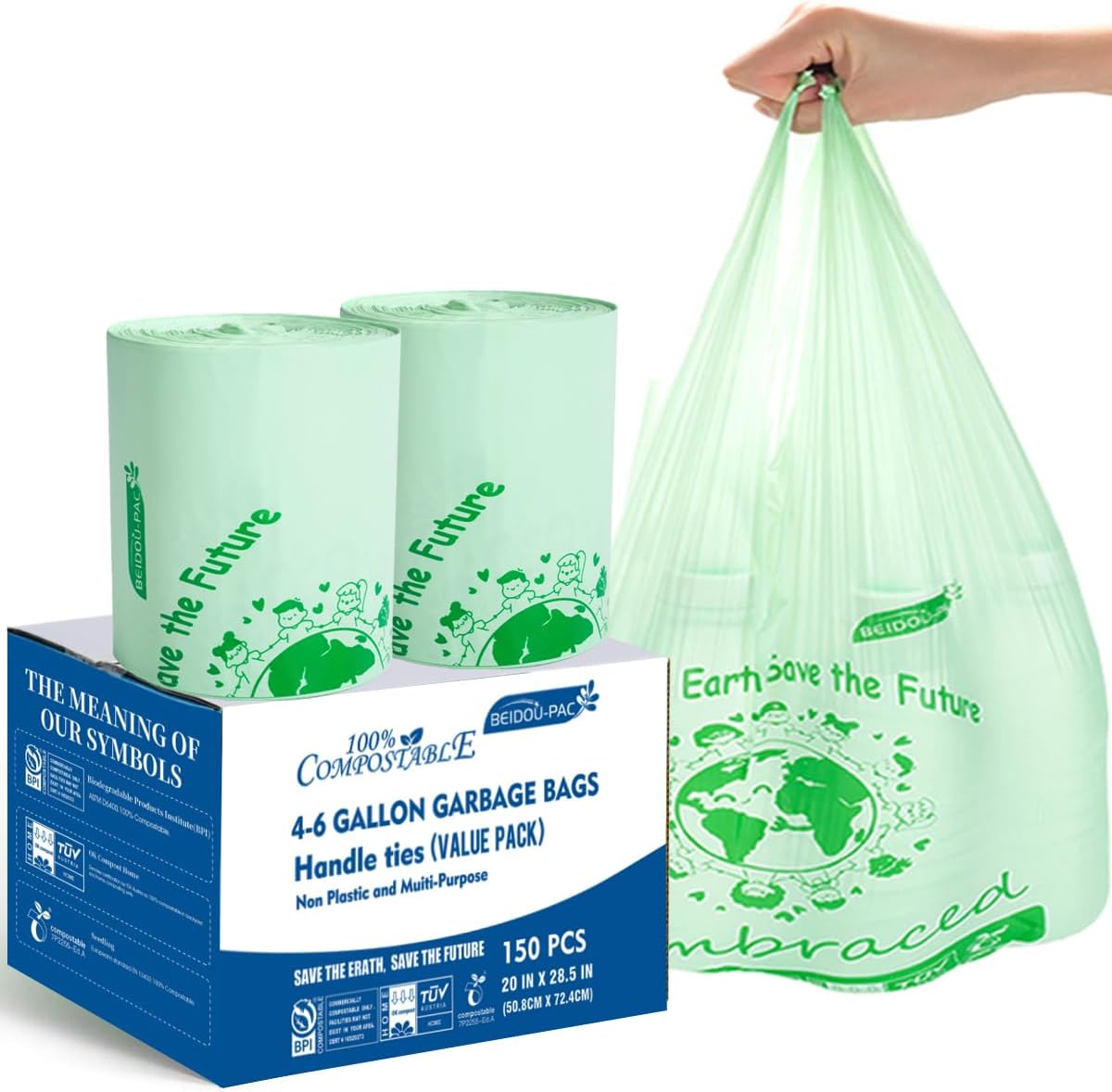 4-6 Gallon Compostable Trash Bags, 150 Count - Kitchen Trash Bags with Handle, Sturdy Biodegradable Garbage Bags for Food Scrap Waste, ASTM D6400, US BPI Certified