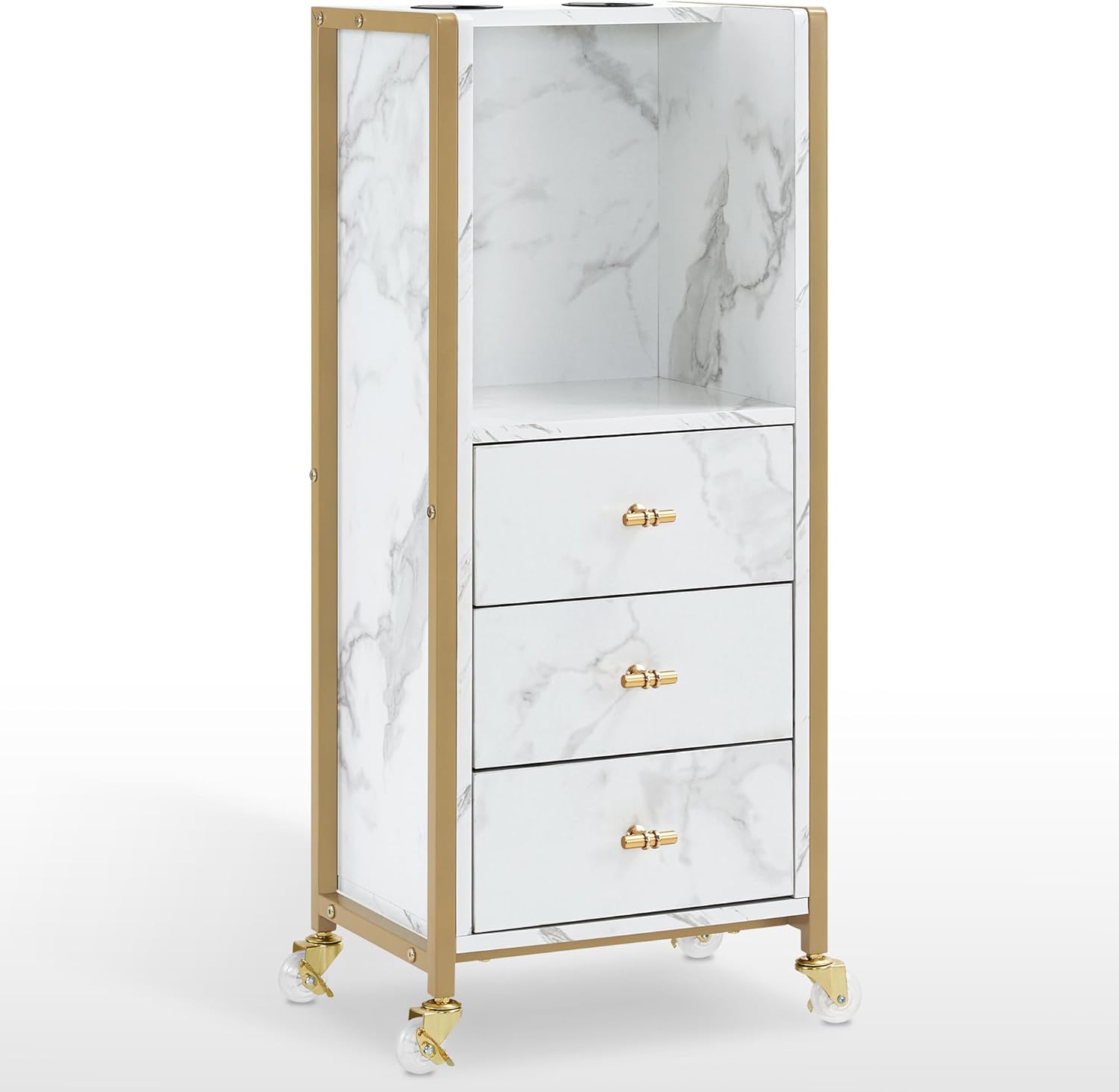 BarberPub Salon Trolley Cart, Hair Styling Rolling Cart with 4 Lockable Wheels, Barber Organizer with 3 Drawers, 2 Tool Holders and 1 Shelf, Beauty Storage Utility Cart 2476 (White)