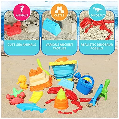 Elovien Beach Sand Toys Set, 24PCS Sandbox Toys with Mesh Backpack Bag Included 2 Foldable Buckets Pails, Sand Molds, Shovels, Rakes and Watering Can, Summer Outdoor Toys for Kids Toddlers Boys Girls - Image 4