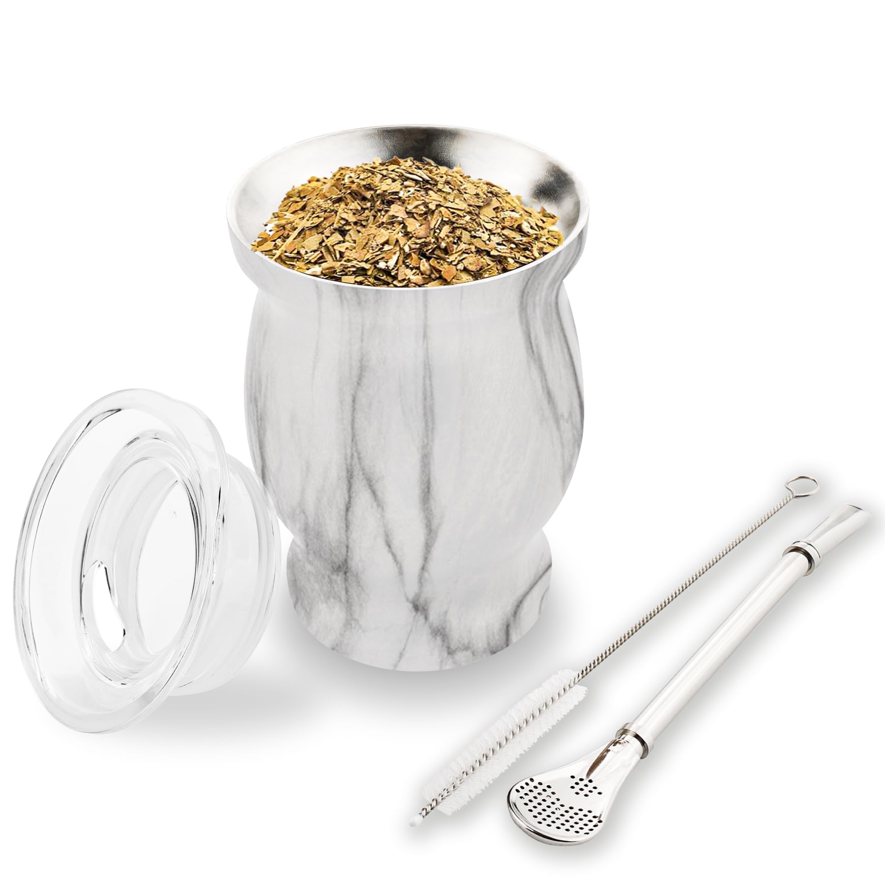 Yerba Mate Gourd Cup Set, Mate Cup and Bombilla Set, Stainless Steel Double - Walled Yerba Mate Tea Cup with Lid & Cleaning Brush 8.4 oz (White Marble)