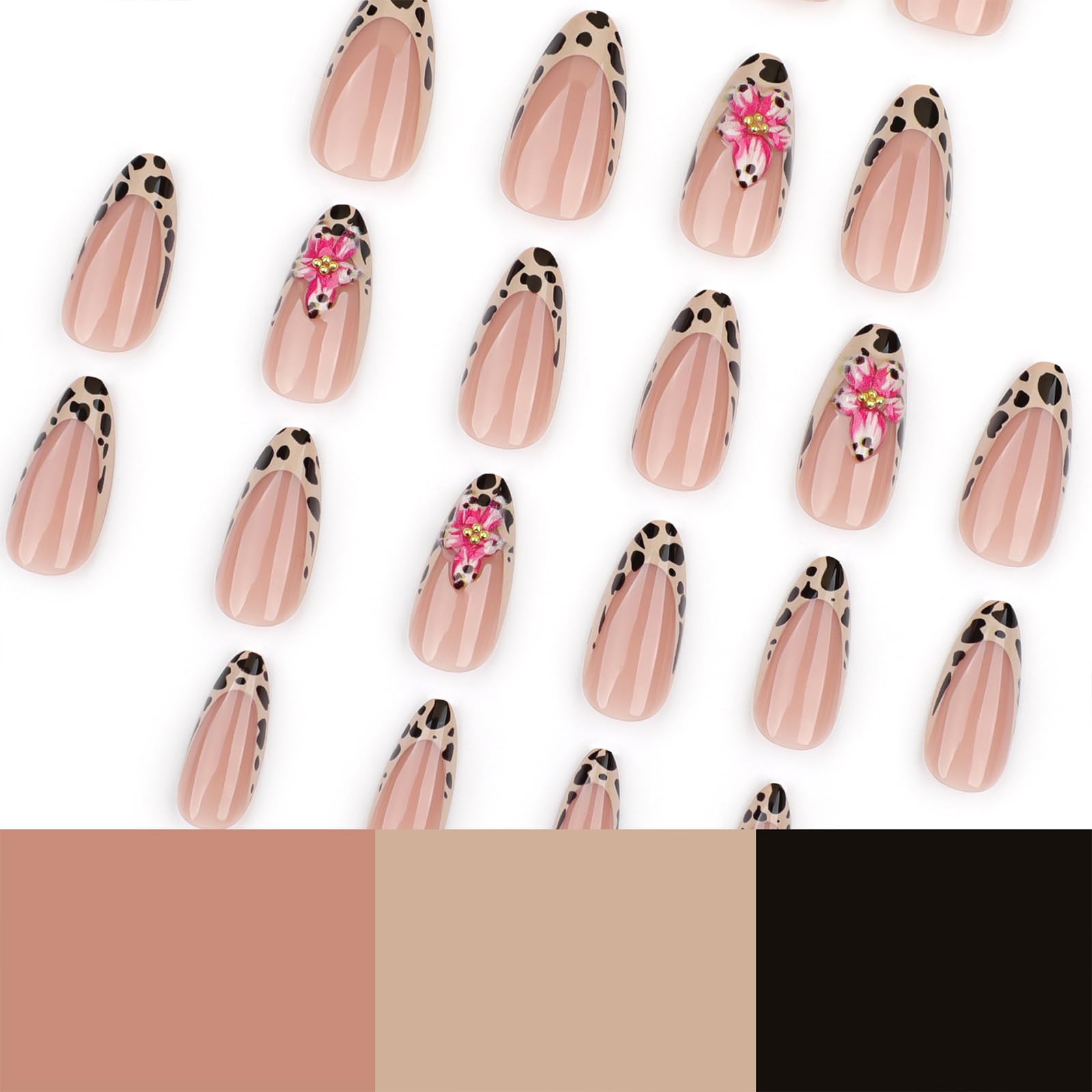 Unghie finte a mandorla corta a pressione sulle unghie finte floreali leopardi francesi unghie acriliche set unghie alla moda decorazione per le donne