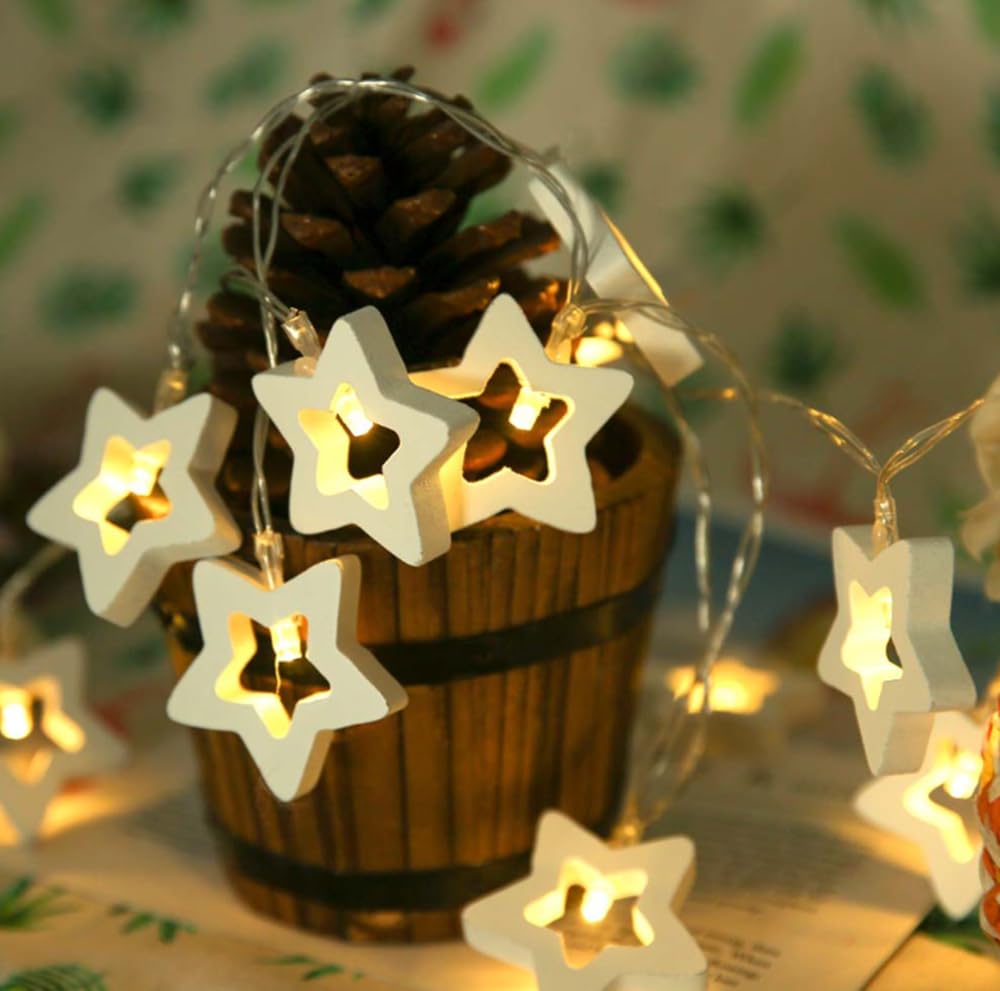 Heart Wood String Light, 3M 20LED Heart Wood String Lights Indoor String Lights Star String Lights Battery Operated (Star, Warm White)