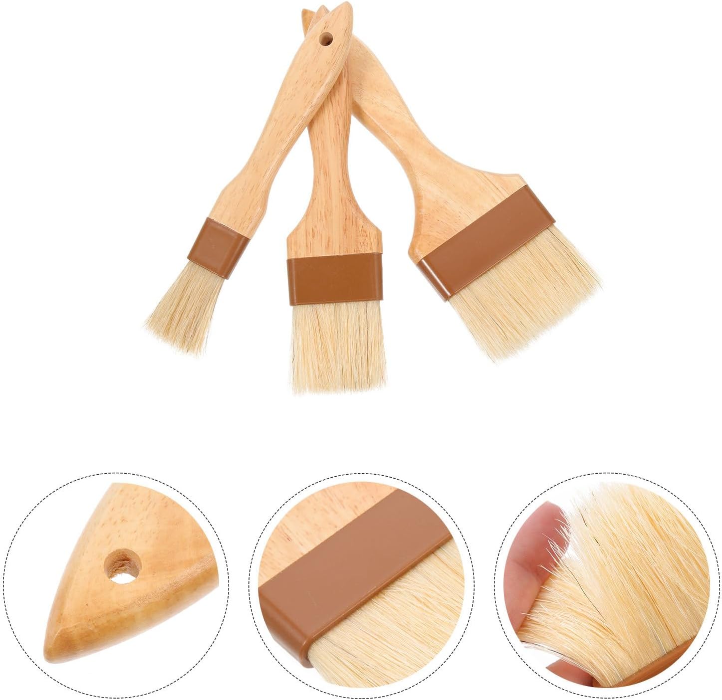 Amosfun 3pcs Baking Pastry Brush Set with Natural Bristle and Beech Wood Handle, Cooking Oil and Barbecue Basting Brushes for Grilling, Baking, and Kitchen Use
