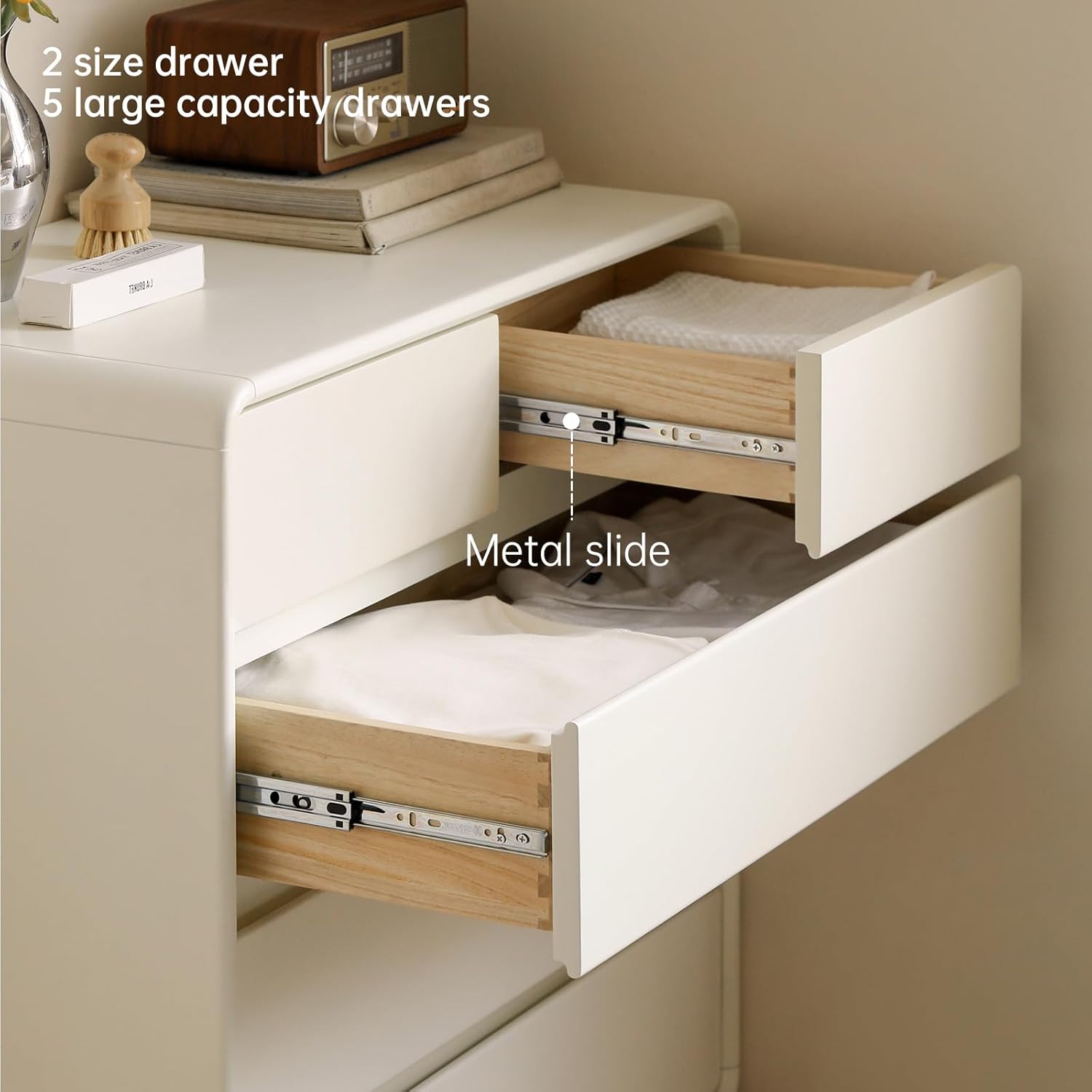 Solid Wood Nightstand, 5 Drawer Dresser for Bedroom, Rubber Wood Storage Organizer, Modern Chest of Drawers for Living Room, Hallway, Closet, White (32" W x 15.75" D x 36" H)