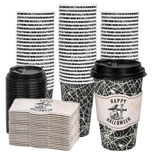 Whaline 50Pcs 16Oz Halloween Disposable Coffee Cup with Lids and Sleeves Vintage Black Spider Web Skull Paper Drinking Cup for Trick or Treat Horror Party Supplies