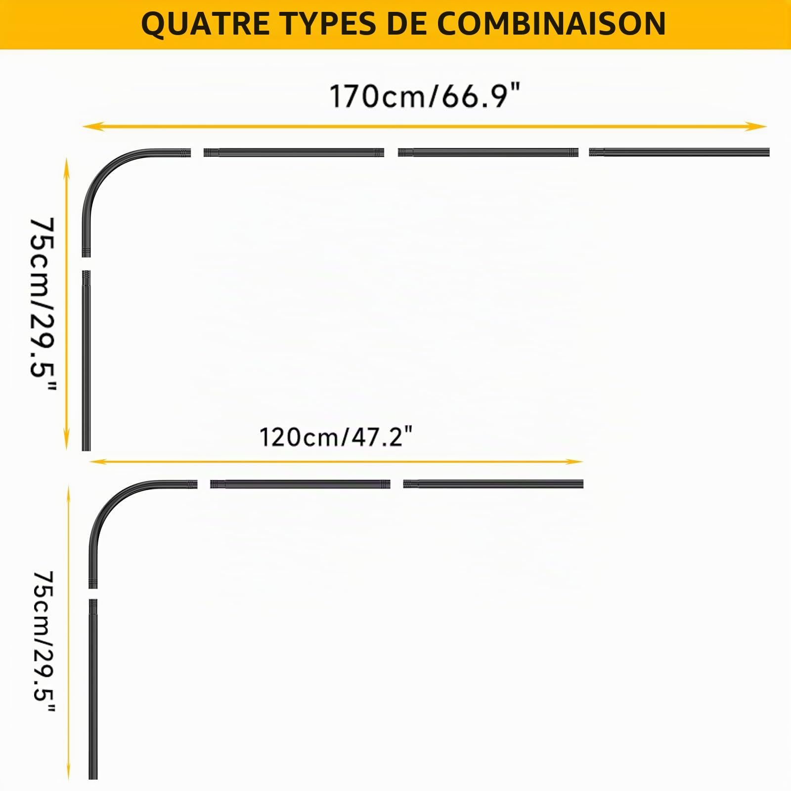 Tringle à Rideau de Douche L Forme, Barre De Douche Angle en Acier Inox, 75x170 cm Barre Rideau Douche Noir Réglable avec Anneaux, pour Salle de Bain Baignoire Vestiaire