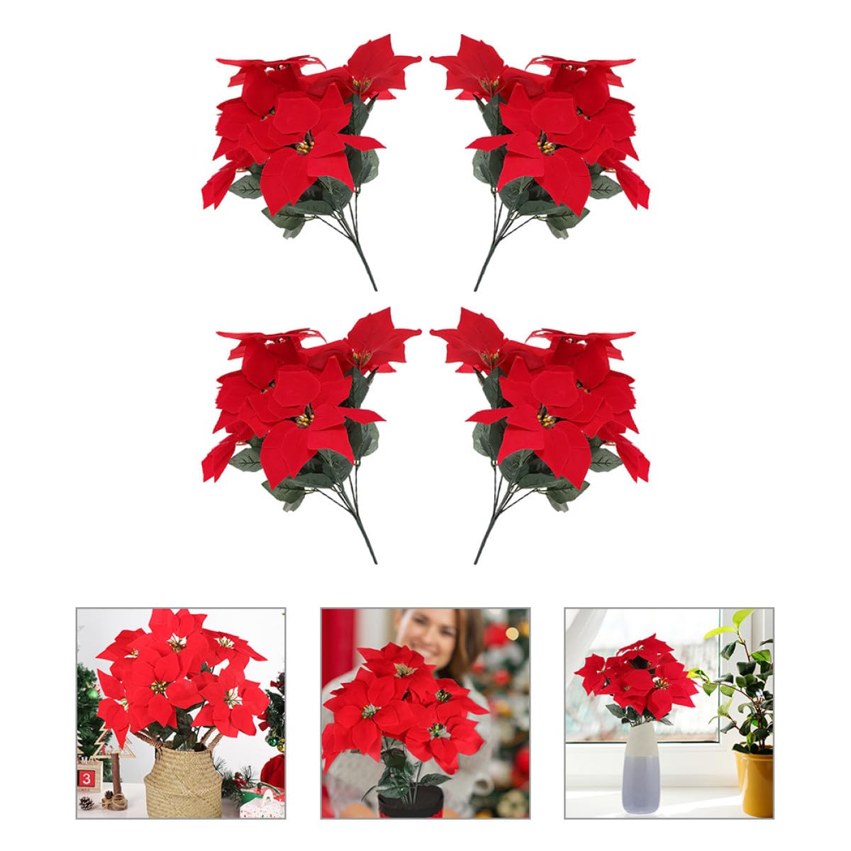 Künstlicher Weihnachtsstern 4 Stück mit 7 Köpfen Realistische Kunststoffpflanze für Weihnachtsdekoration Innen und Außen Langlebiger Poinsettia Strauß für Wohn und Arbeitsräume