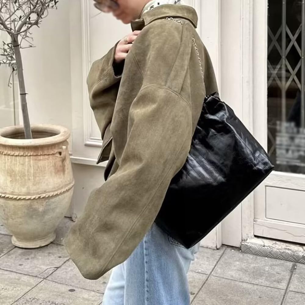 Generisch 2025 Womens Faux Suede Bomber Jacket Lapel Collar Zip Front Coat Long Sleeves Trendy Y2K Streetwear Outerwear
