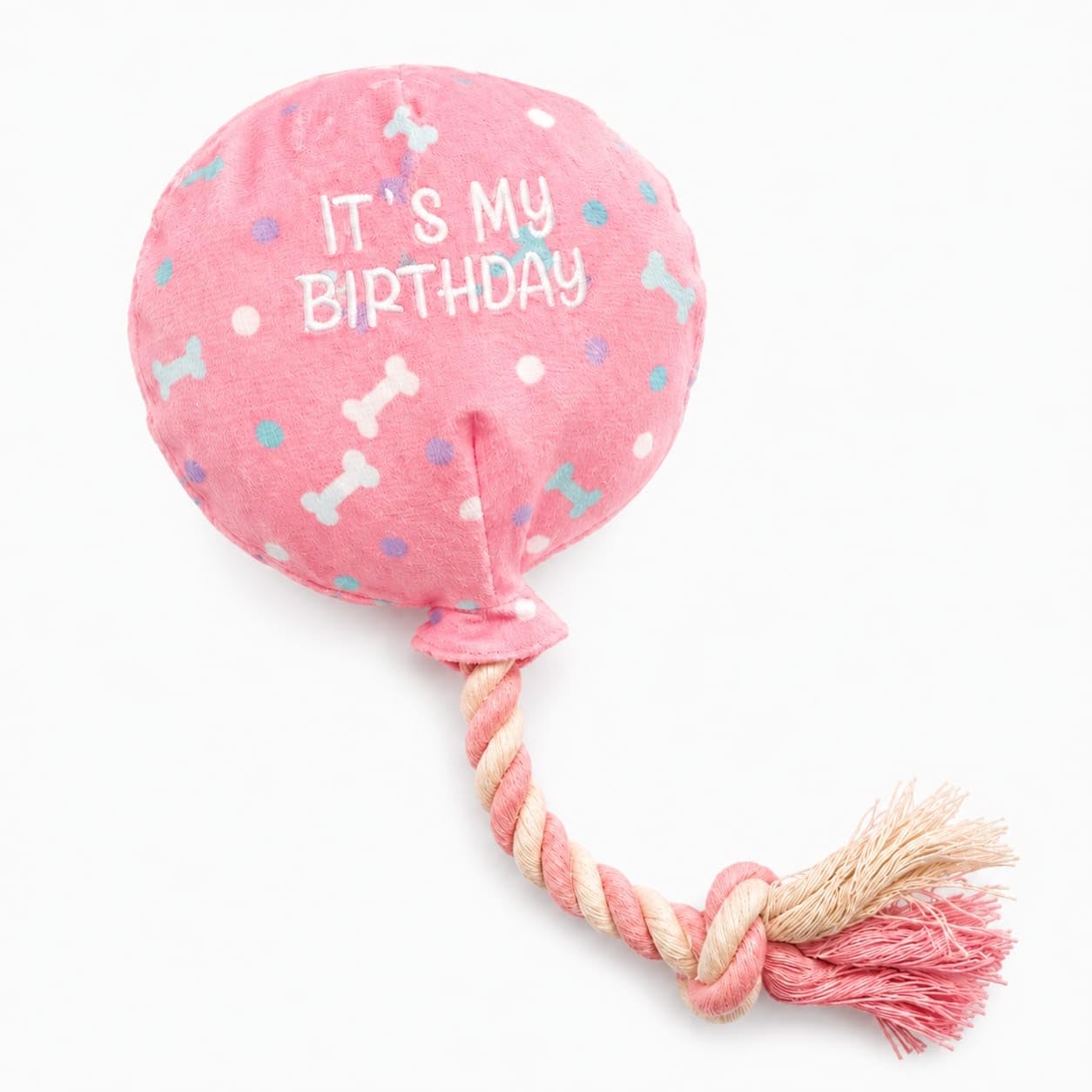 Birthday Balloon Dog Toy with Rope Handle, Squeaky & Crinkle Plush Pet Toy, Interactive Tug and Fetch Toy for Dogs, Birthday Gift Dog Toy (Pink)